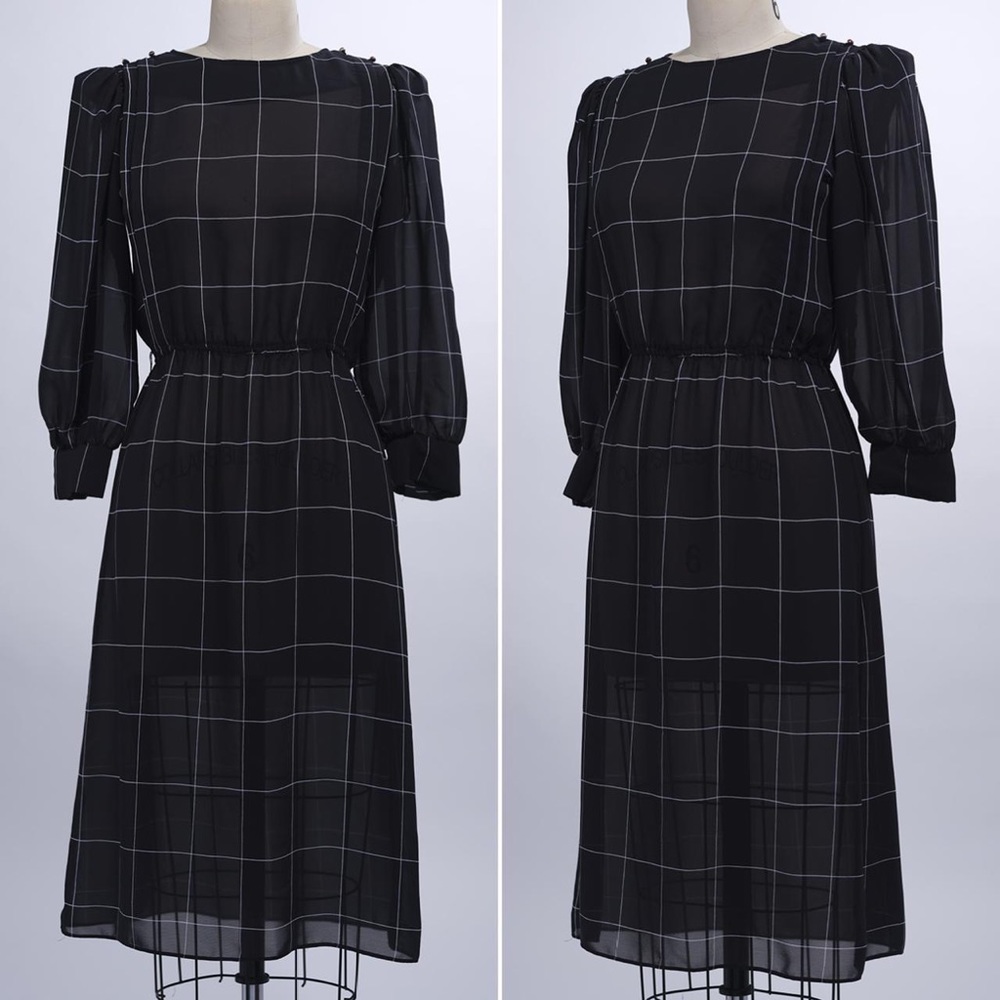 80s B&W Windowpane Print Chiffon Dress